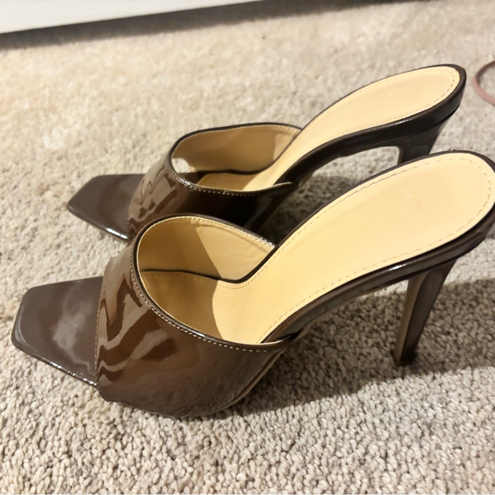 PrettyLittleThing Brown Patent Leather High Heel Mules